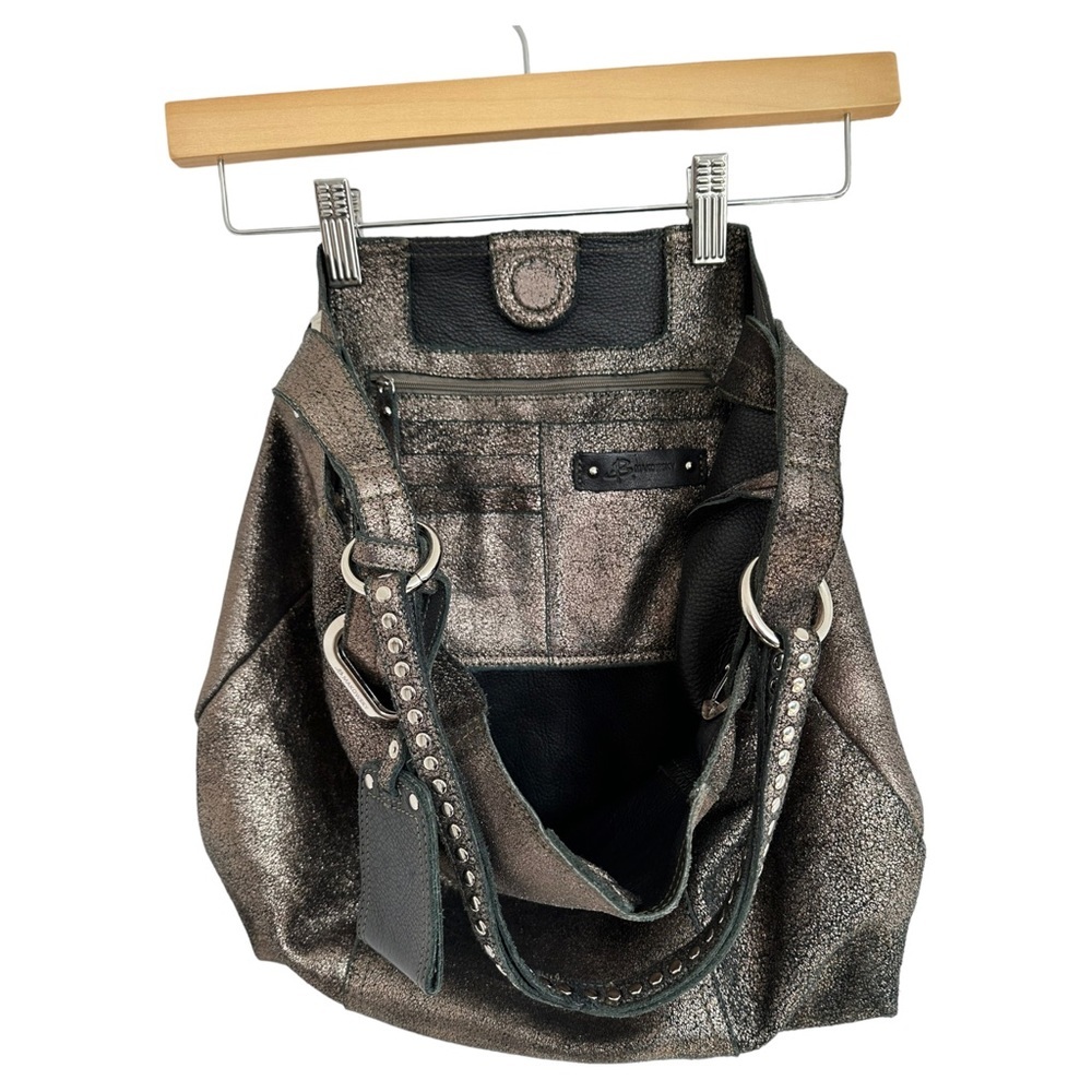 B. Makowsky Metallic Bronze Leather Large Hobo Shoulder Bag with Studded Handle - Picture 10 of 16